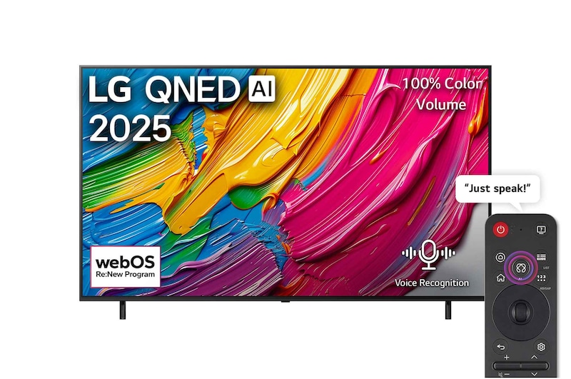 Front view of 65 inch LG QNED AI QNED80 4K Smart TV AI Magic remote HDR10 webOS25 2025 65QNED80A6A